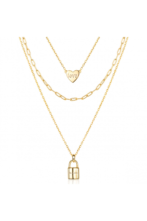 14K Gold Plated Custom Engravable Lock Layered Necklace Set for Women