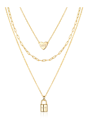 14K Gold Plated Custom Engravable Lock Layered Necklace Set for Women