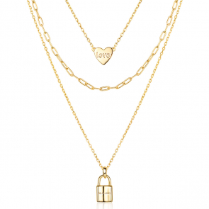 14K Gold Custom Engravable Lock Layered Necklace Set for Women