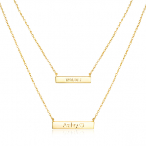 14K Gold Plated Double Bar Engraved Layered Necklace