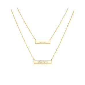 14K Gold Plated Double Bar Engraved Layered Necklace