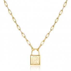 14K Gold Plated Engravable Lock Chain Necklace For Women