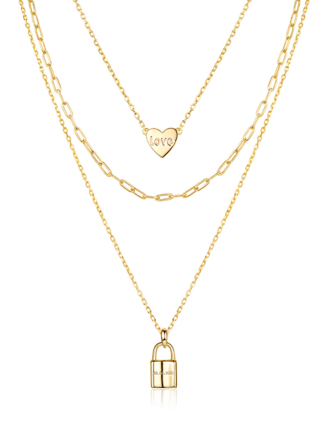14K Gold Plated Custom Engravable Lock Layered Necklace Set for Women