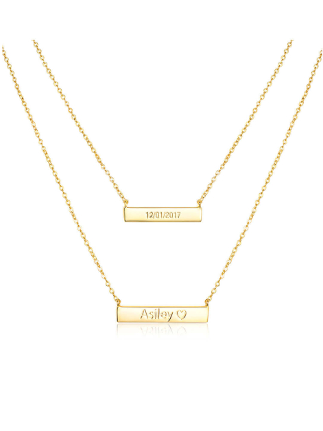 14K Gold Plated Double Bar Engraved Layered Necklace