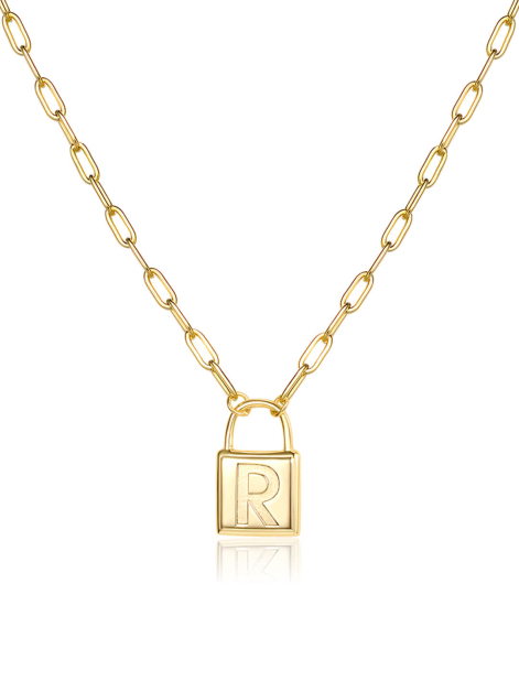 14K Gold Plated Engravable Lock Chain Necklace For Women