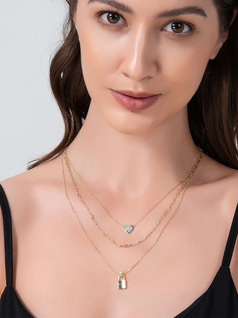 14K Gold Plated Custom Engravable Lock Layered Necklace Set for Women
