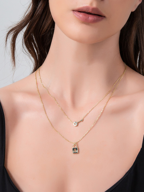 Key And Lock Custom Engraved Simple Dainty Layered Necklace Set