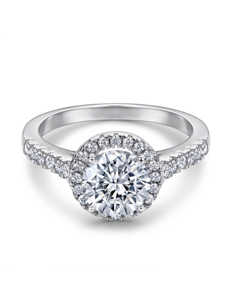 Halo Round Cut Moissanite Ring In Sterling Silver