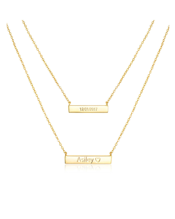 14K Gold Plated Double Bar Engraved Layered Necklace