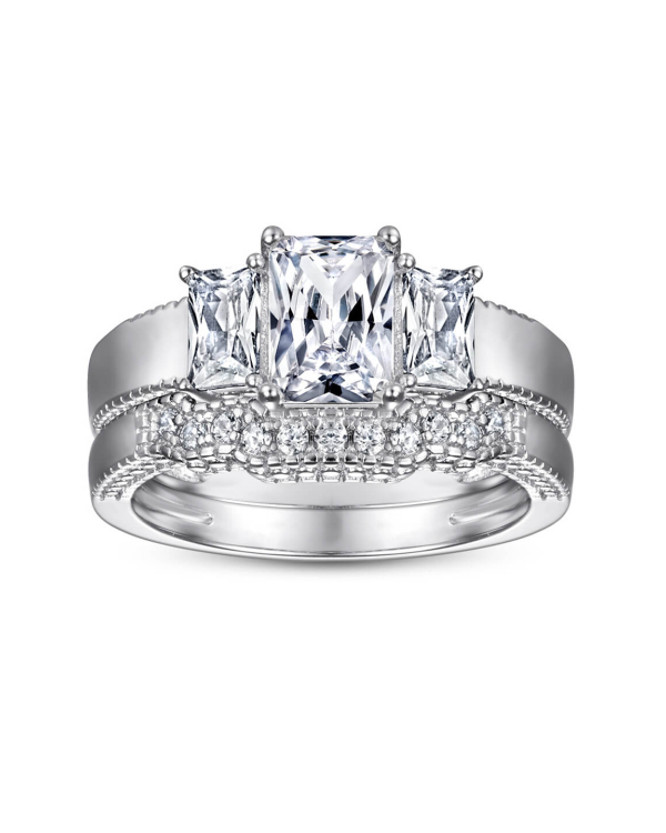 Three Stone Radiant Cut Moissanite Ring Set