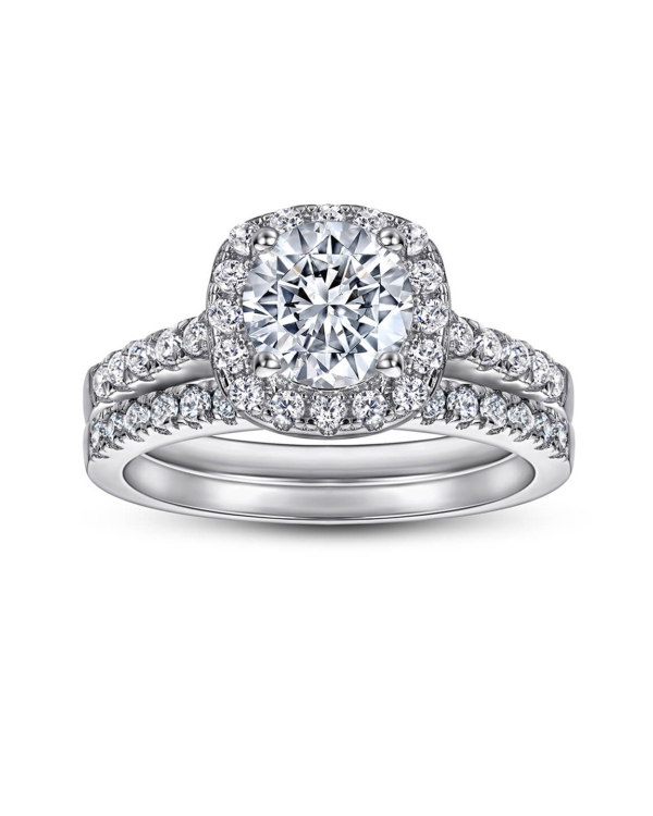 Halo Round Cut Moissanite Rings Sets In Sterling Silver