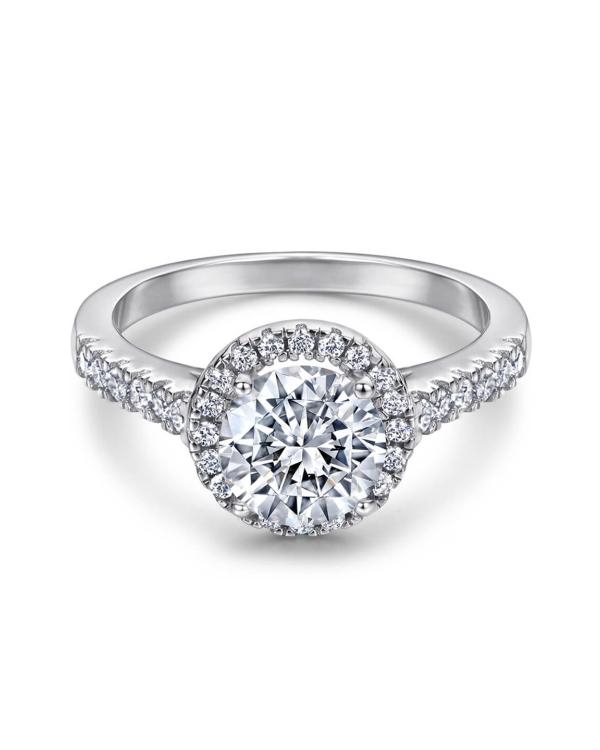 Halo Round Cut Moissanite Ring In Sterling Silver