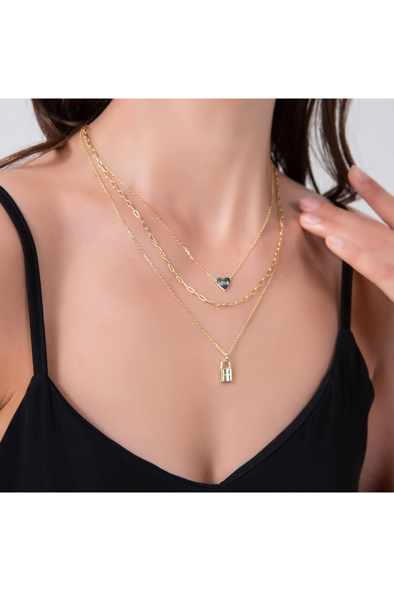 18K Gold Plated Brass Lock Pendant Layered Necklace