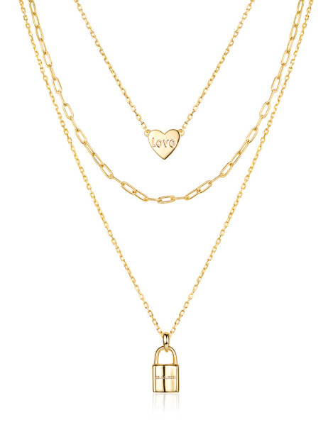 14K Gold Plated Custom Engravable Lock Layered Necklace Set for Women